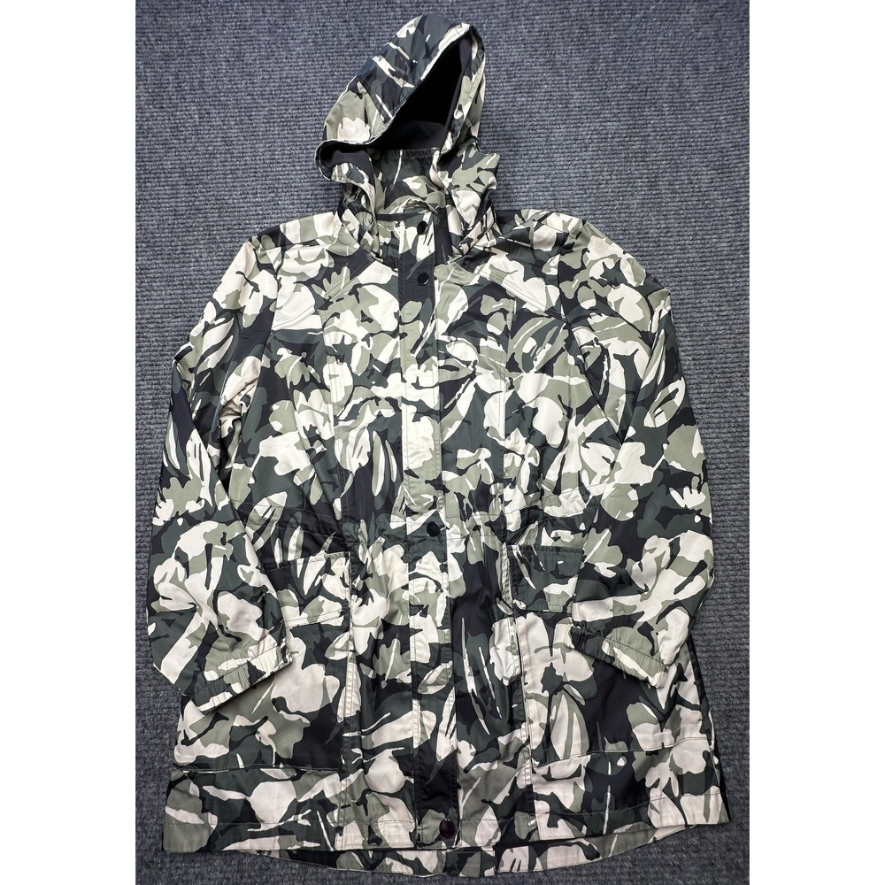 Chicos Coat Womens 2 12/14 Green Camouflage Hooded Rain Mid Length Lightweight